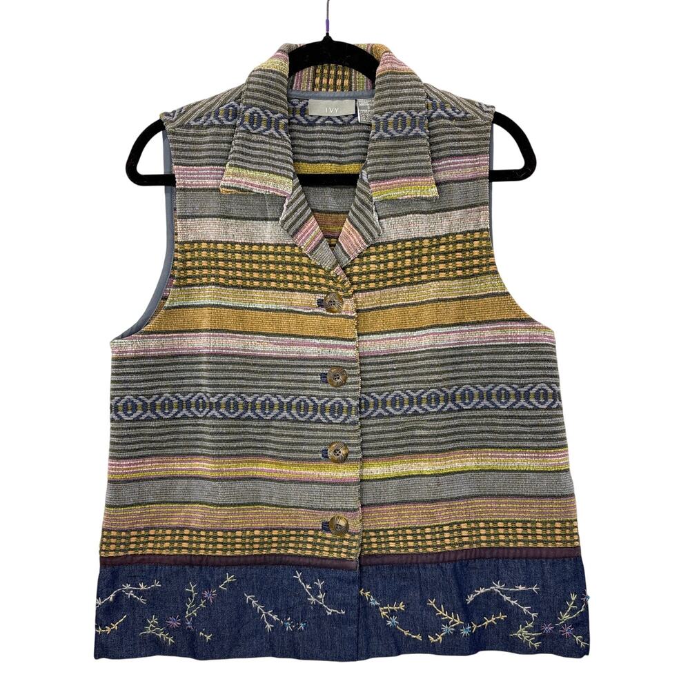 Vintage Size S Tapestry Vest Oversized Woven Striped Country Embroidered Beaded